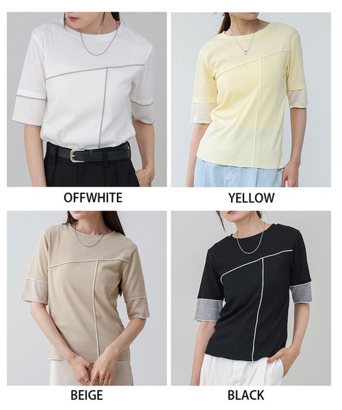 日本 Bab - 柔美線條羅紋異材質短袖上衣-淺黃 (M)