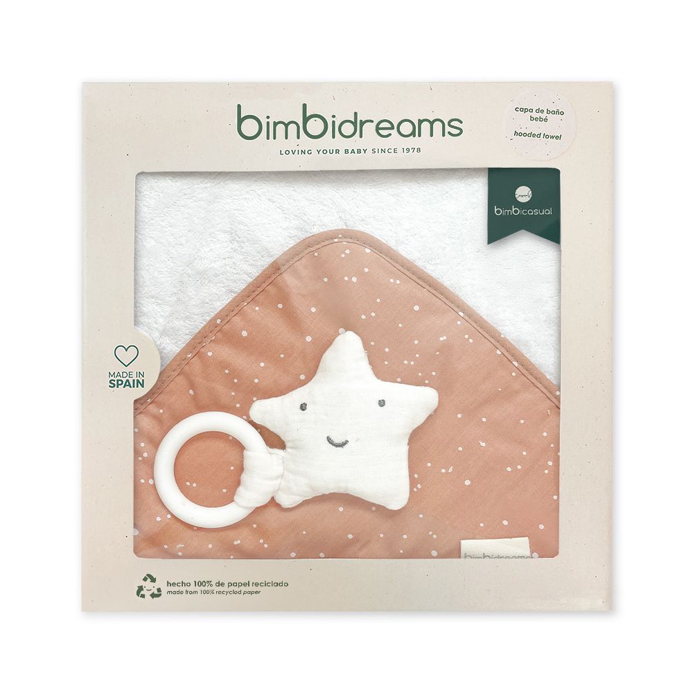 【bimbidreams】竹纖維連帽浴巾+星星固齒器禮盒 75x75cm(寶寶新生兒禮 滿月禮 彌月禮 嬰兒禮盒)-粉橘