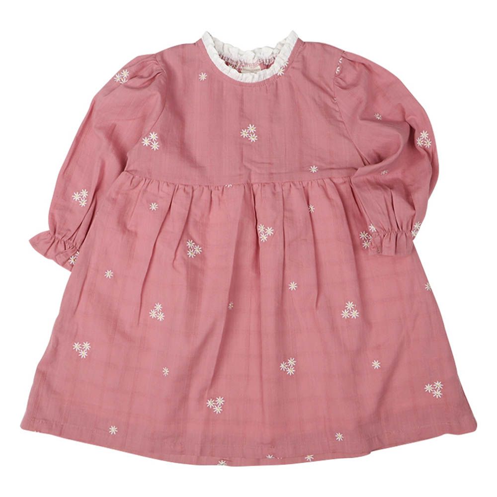 平織洋裝-滿版刺繡-粉紅色