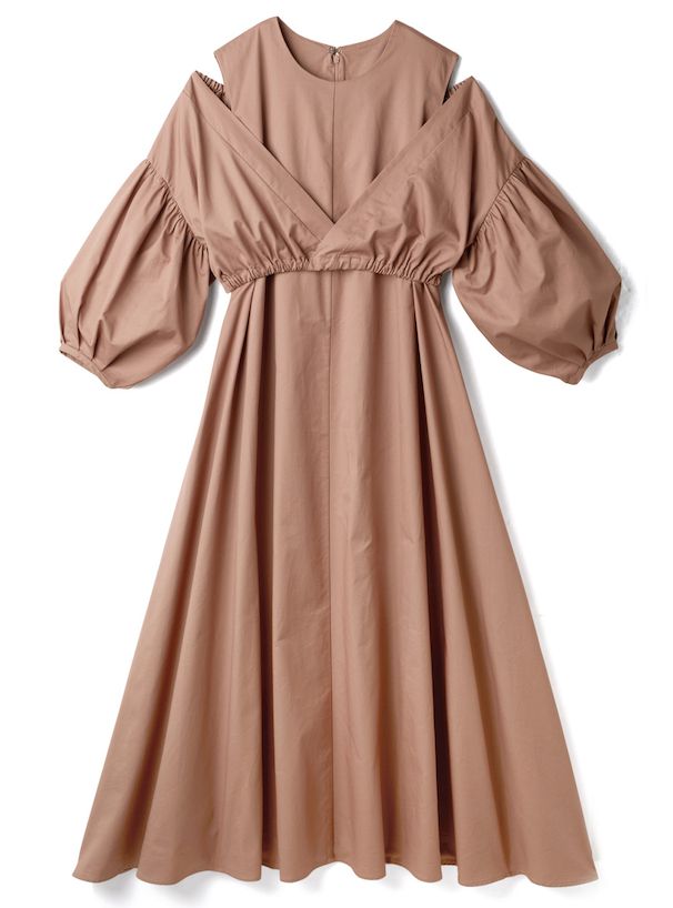 日本 GRL - 優雅質感泡泡袖背心兩件式洋裝-氣質杏