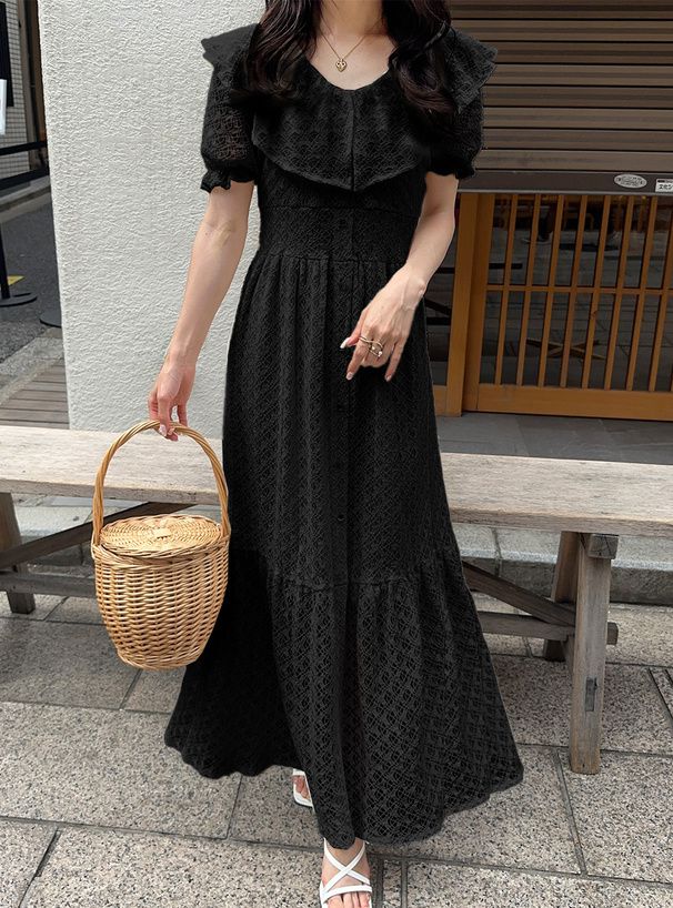 日本 GRL - 浪漫時光蕾絲雕花短袖洋裝-黑 (F)