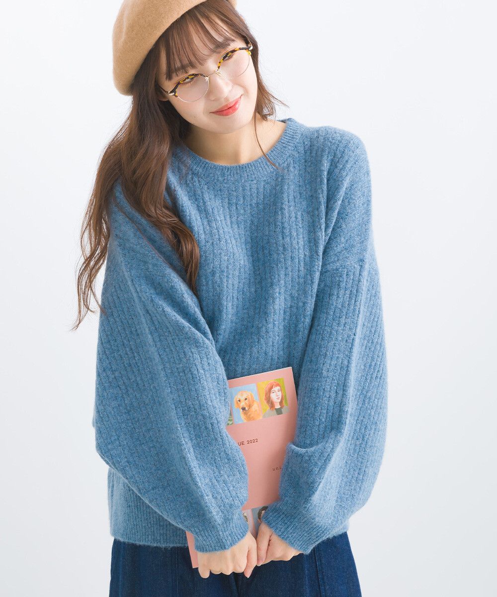 日本女裝代購 - 大寬袖圓領混色針織上衣-米黃