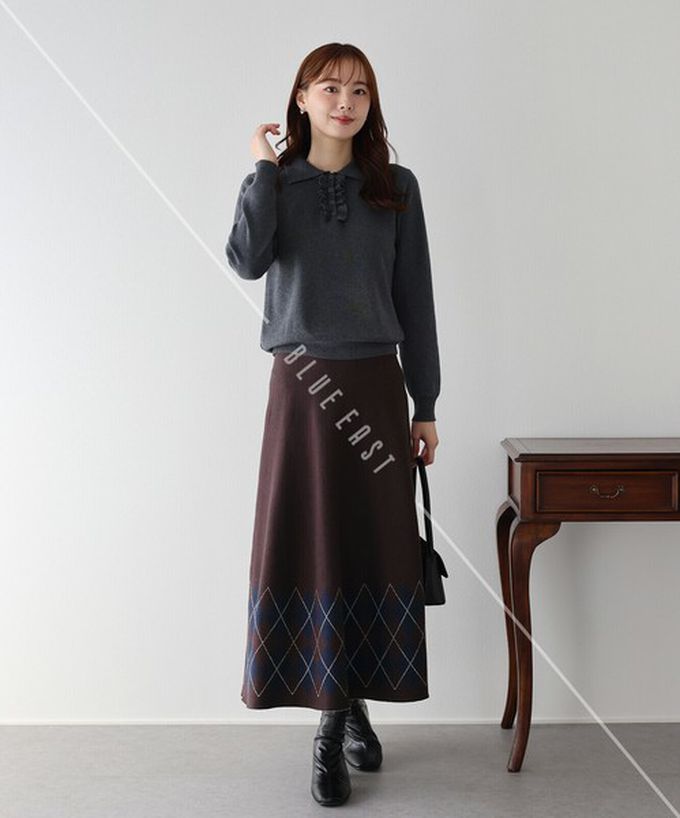 日本 BLUE EAST - 氣質女伶全腰鬆緊皺摺長裙-菱格-咖啡 (M)
