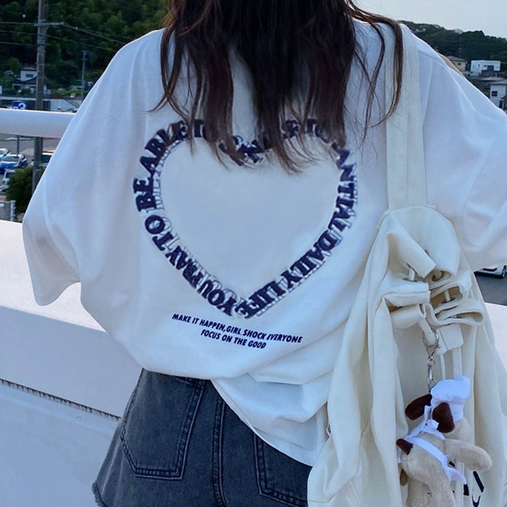 背後大愛心刺繡寬鬆長版T恤-白 (F)