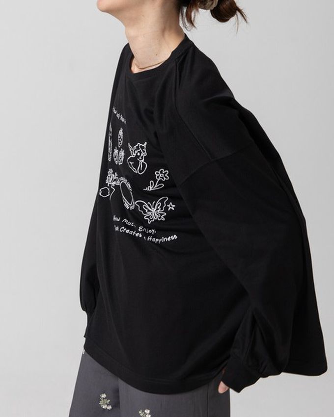日本 gleam - 甜蜜刺繡印花休閒寬版長袖T恤-黑