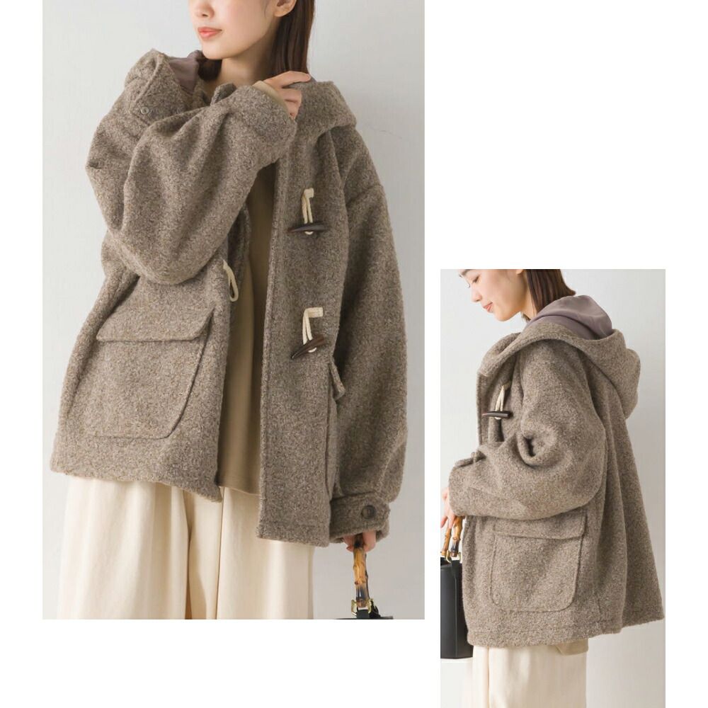 日本 OMNES - 文藝感牛角扣短版連帽大衣-米杏