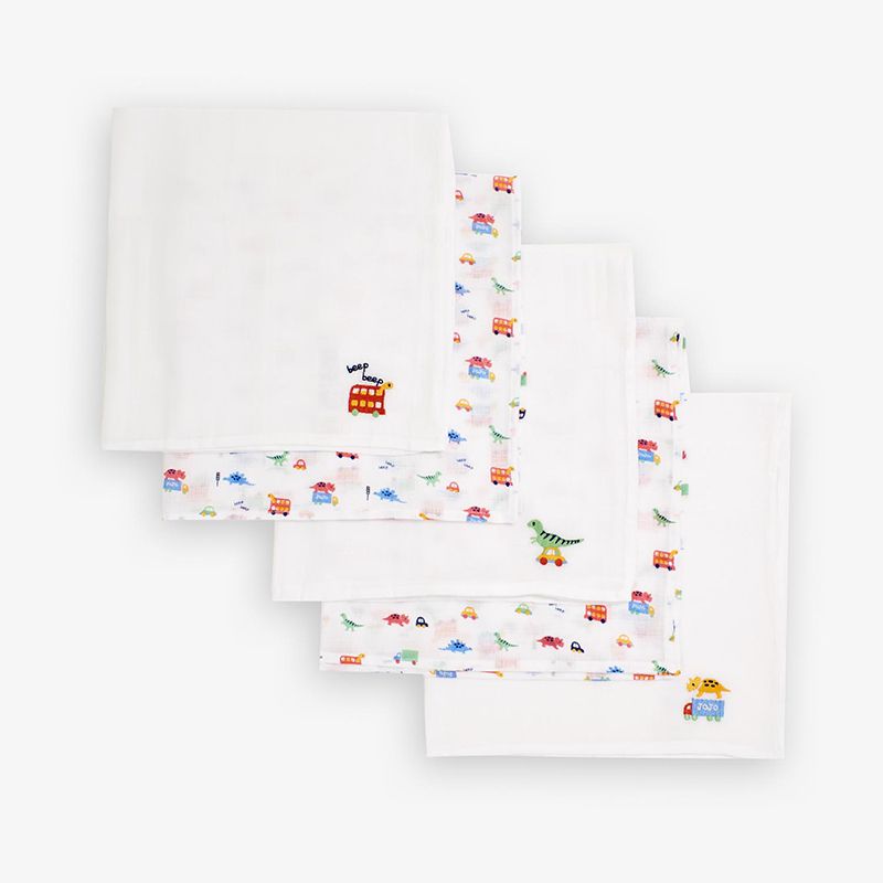 英國 JoJo Maman BeBe - 100% 純棉多功能細紗布包巾/小薄被/拍嗝巾/安撫巾5入組(60*60cm)-恐龍車車