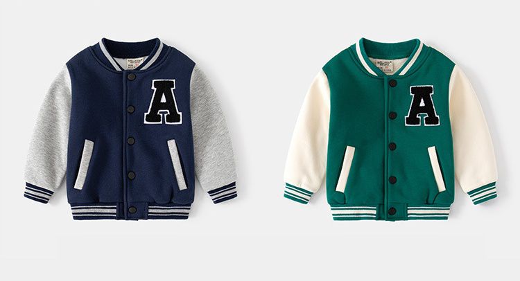 WELLKIDS - 加絨拼色休閒棒球外套-英文字A-深藍+灰