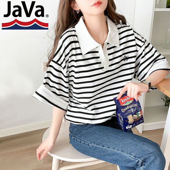 日本 Classical Elf - Java 顯瘦領率性五分袖上衣-白底黑條紋