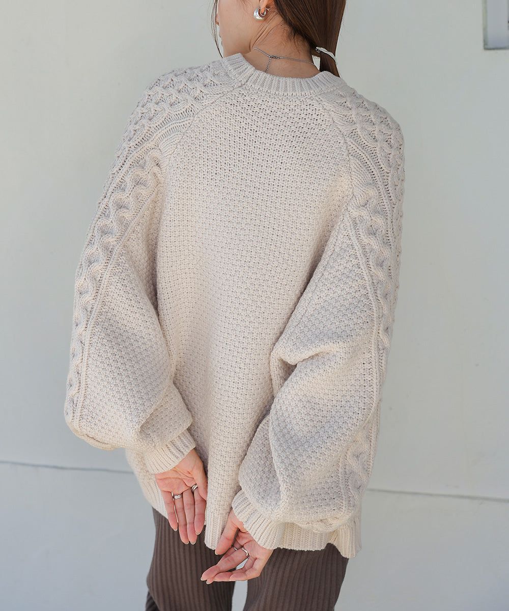 日本 Bab - 麻花編織大寬袖針織上衣-炭灰