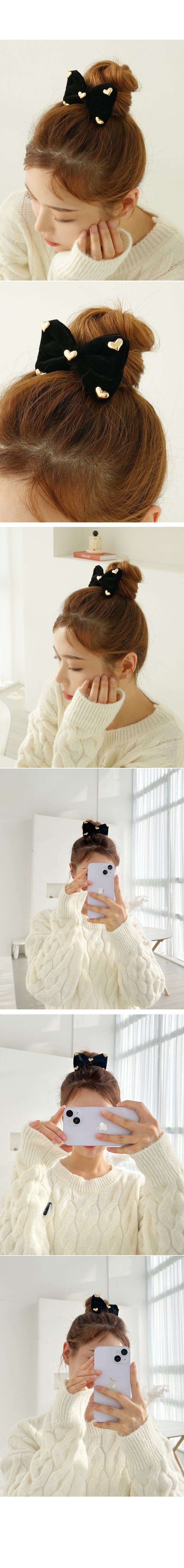 韓國 Soo&Soo - 天鵝絨蝶結裝飾髮夾-小愛心
