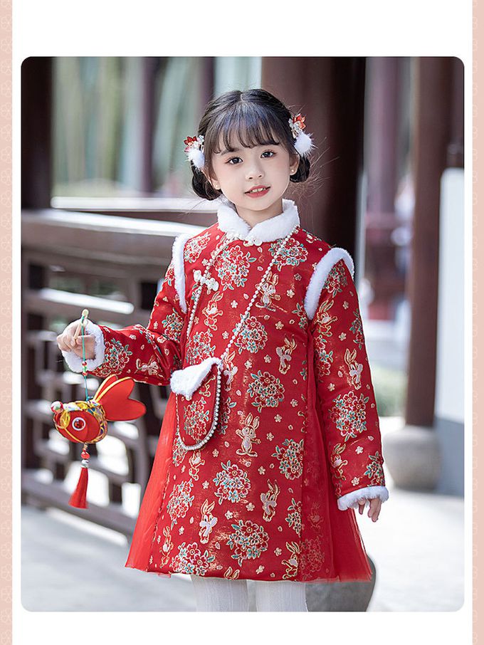 love, charlotte - 拜年旗袍領卡通兔繡花圖騰洋裝-加厚鋪棉-紅色