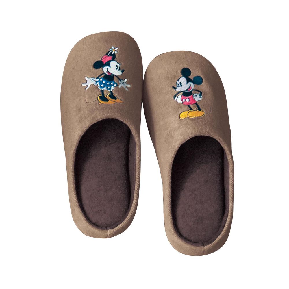 日本千趣會 - 迪士尼 低反發麵包室內拖鞋-米奇米妮-咖啡