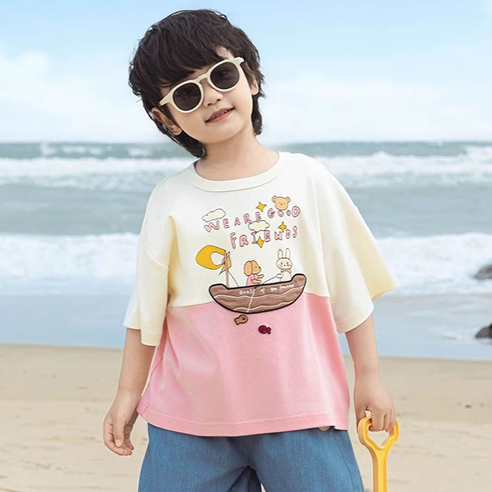 純棉圓領休閒短袖上衣-划船出遊-粉x白