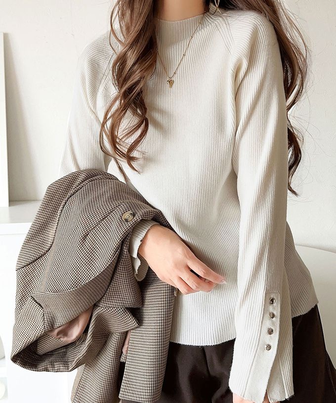 日本 Classical Elf - 時尚金釦修身羅紋長袖上衣-摩卡