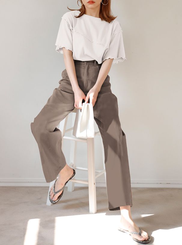 日本 GRL - 羅紋木耳邊短袖上衣-氣質杏