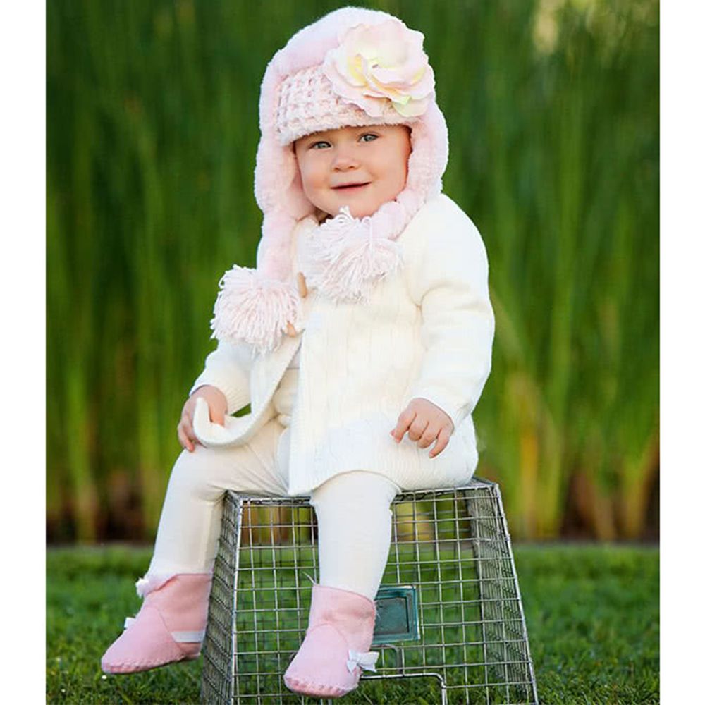 美國 Jamie Rae - 100%純棉毛帽-淡粉保暖毛帽+淡雅淡粉玫瑰