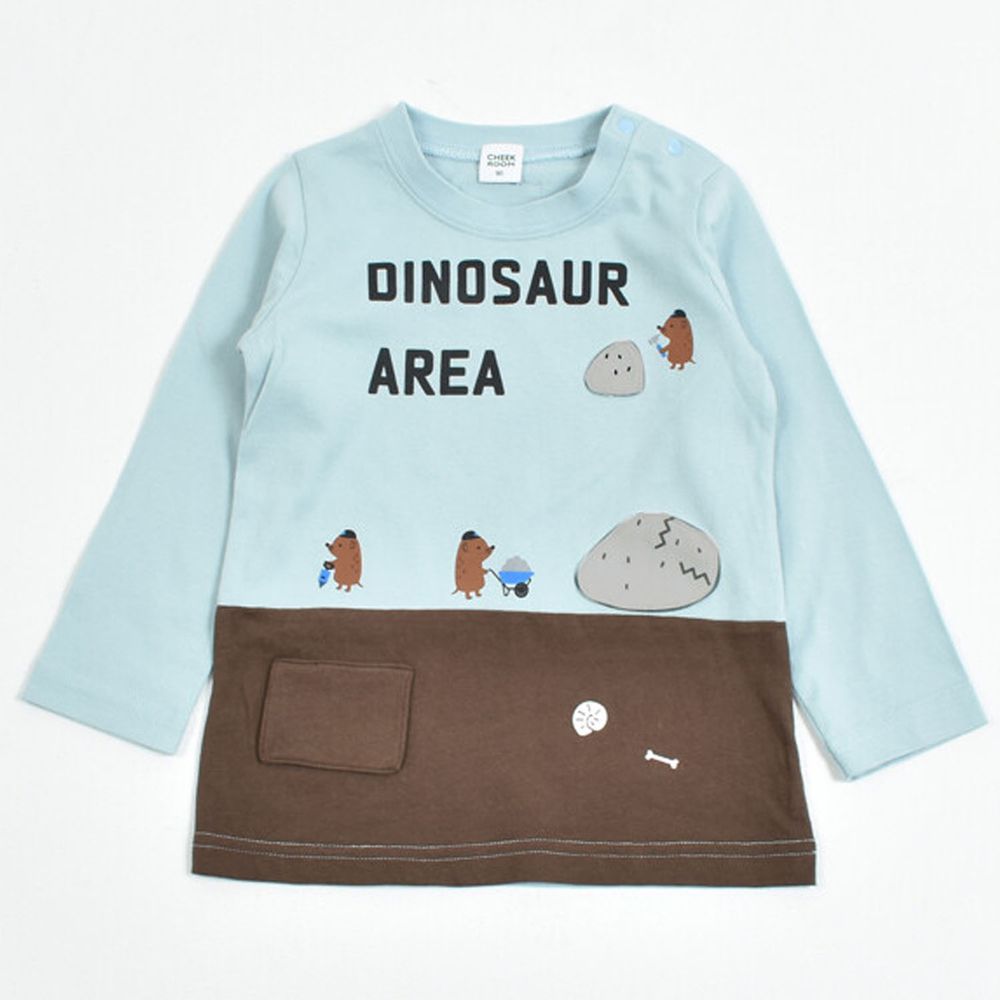 日本 Baby Room - 純棉立體翻翻樂長袖上衣-恐龍化石-水藍