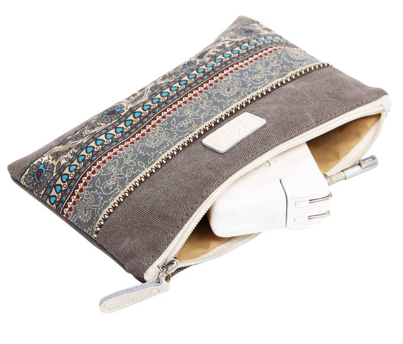 復古拼接帆布收納包-民族風-淺灰色 (FREE)