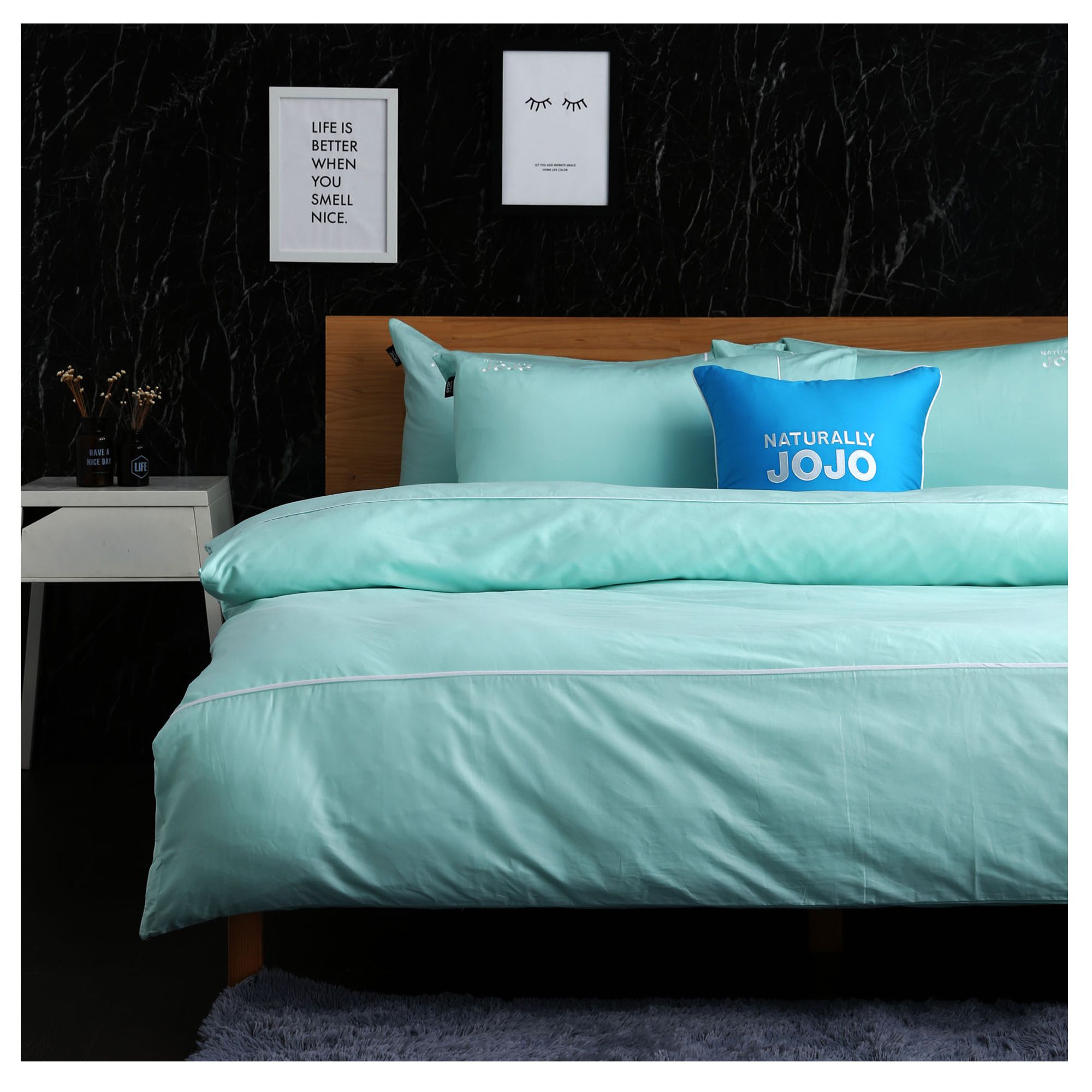 NATURALLY JOJO - 素色精梳棉枕套床包組-蒂芬妮藍 (雙人特大_6x7尺 [180x210cm])