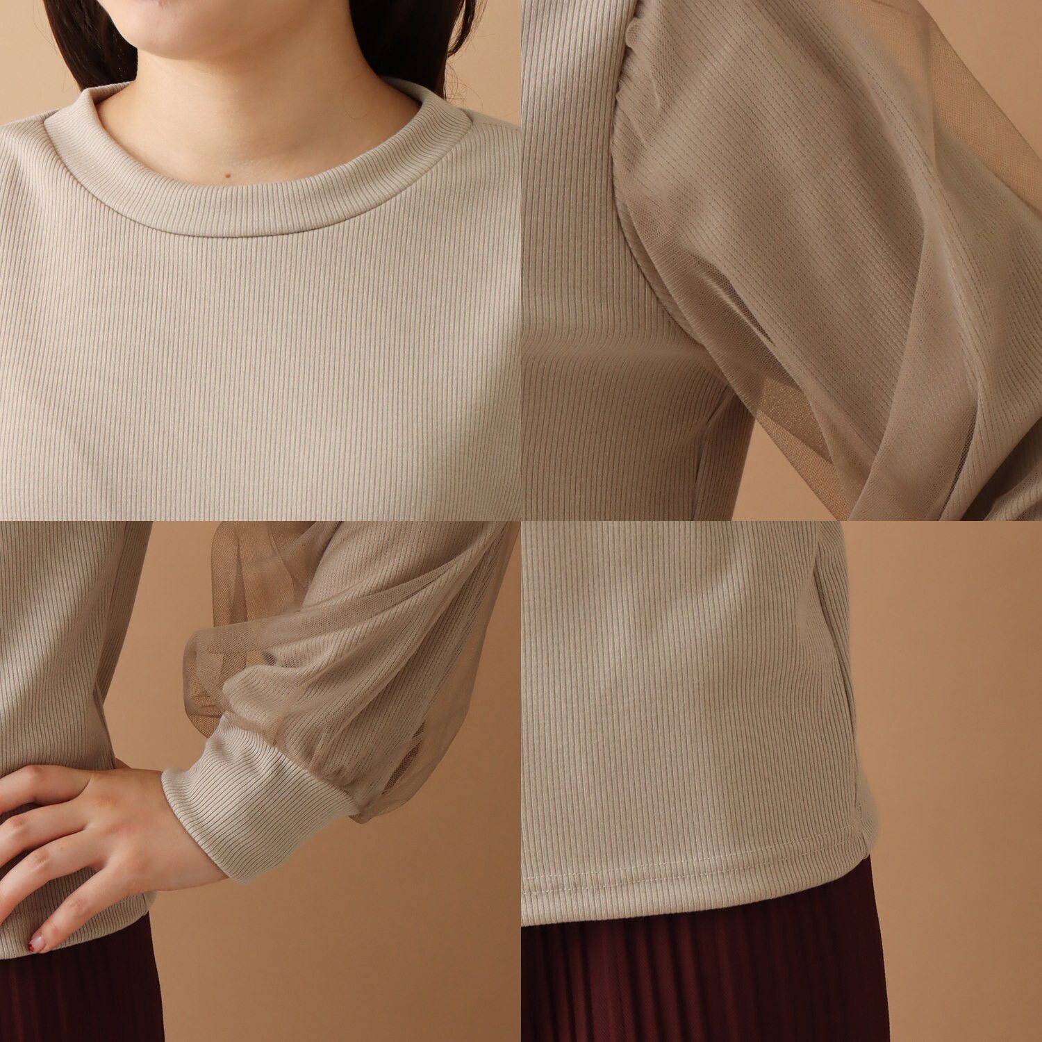 日本 libelle more - 薄紗拼接羅紋長袖上衣-杏