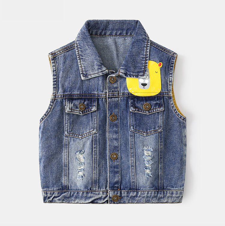 WELLKIDS - 復古簡約牛仔開衫背心-熊熊-牛仔藍