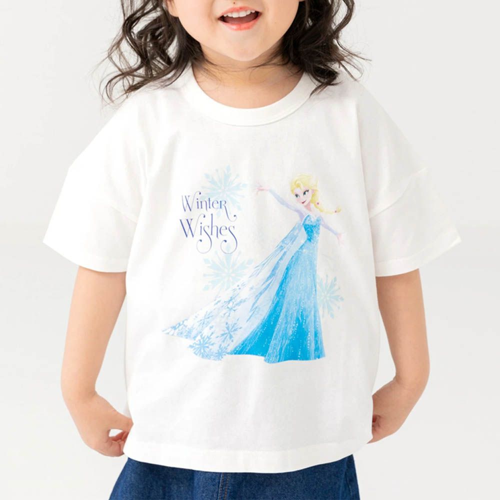 聯名款 100%棉印花短袖上衣-卡通人物艾莎-白