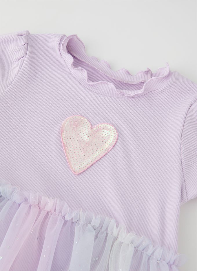 韓國 OZKIZ - 心型亮片夢幻網紗拼接洋裝-薰衣草紫