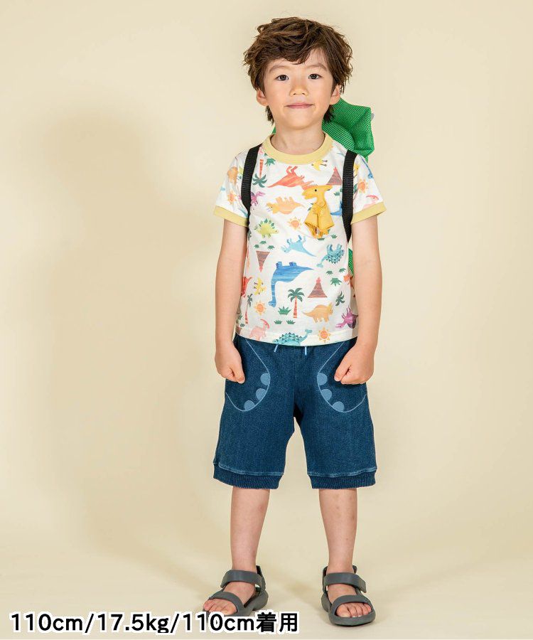 日本 BIT'Z - 水彩風滿版恐龍短袖上衣-胸口翼手龍-米黃