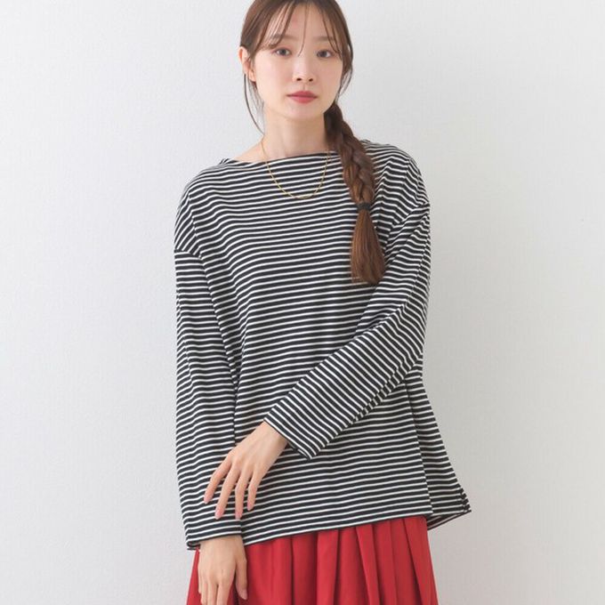 日本 OMNES - 100%棉 經典款細條紋長袖上衣-黑底白條紋