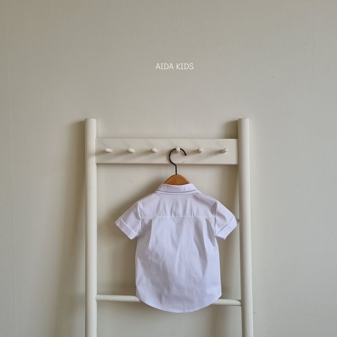 韓國 AIDA - 學院風領帶裝飾短袖襯衫-白