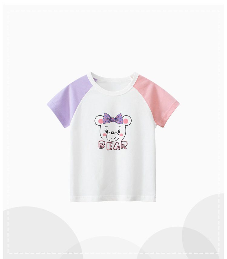 純棉短袖上衣-拼色公主熊熊-粉+白+紫