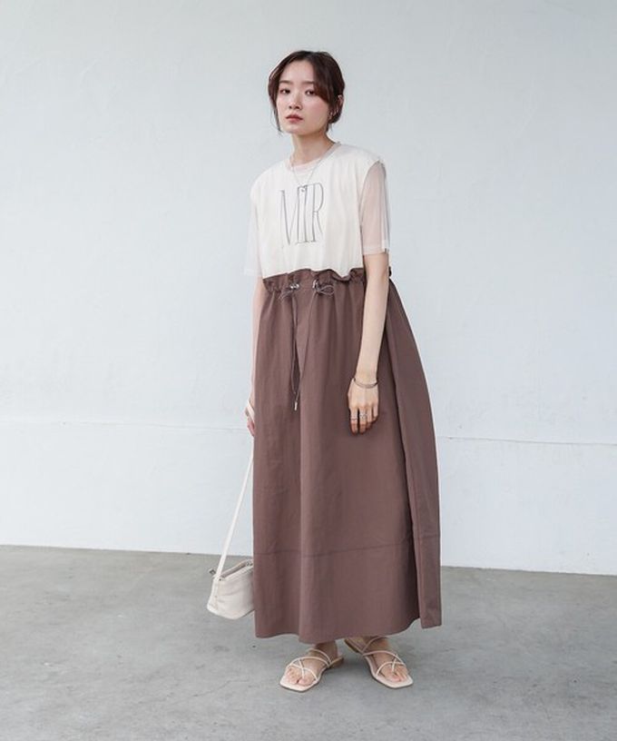 日本 Bab - 拼接層次感抽繩薄紗短袖洋裝-灰x黑