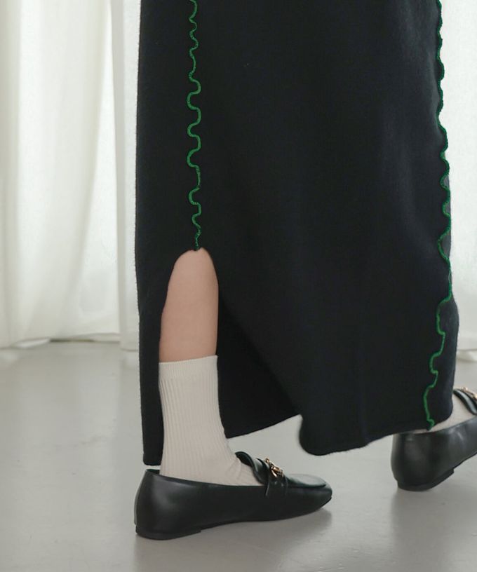 日本 Bab - 不規則狀色滾邊修身長裙-灰x深藍