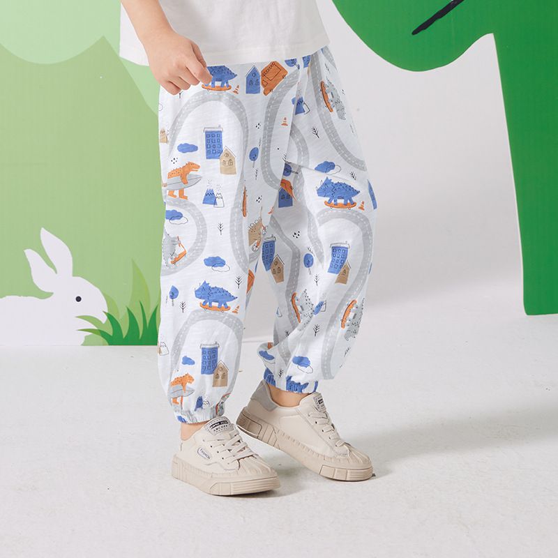 純棉束口長褲/防蚊褲-恐龍城鎮-白色