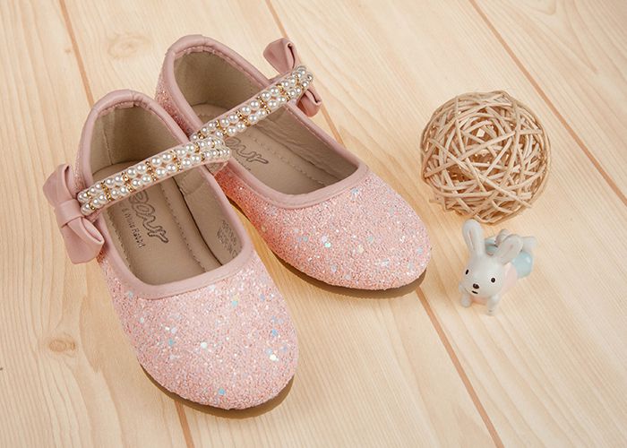 珍珠鍊帶玫粉亮片粉色兒童公主鞋