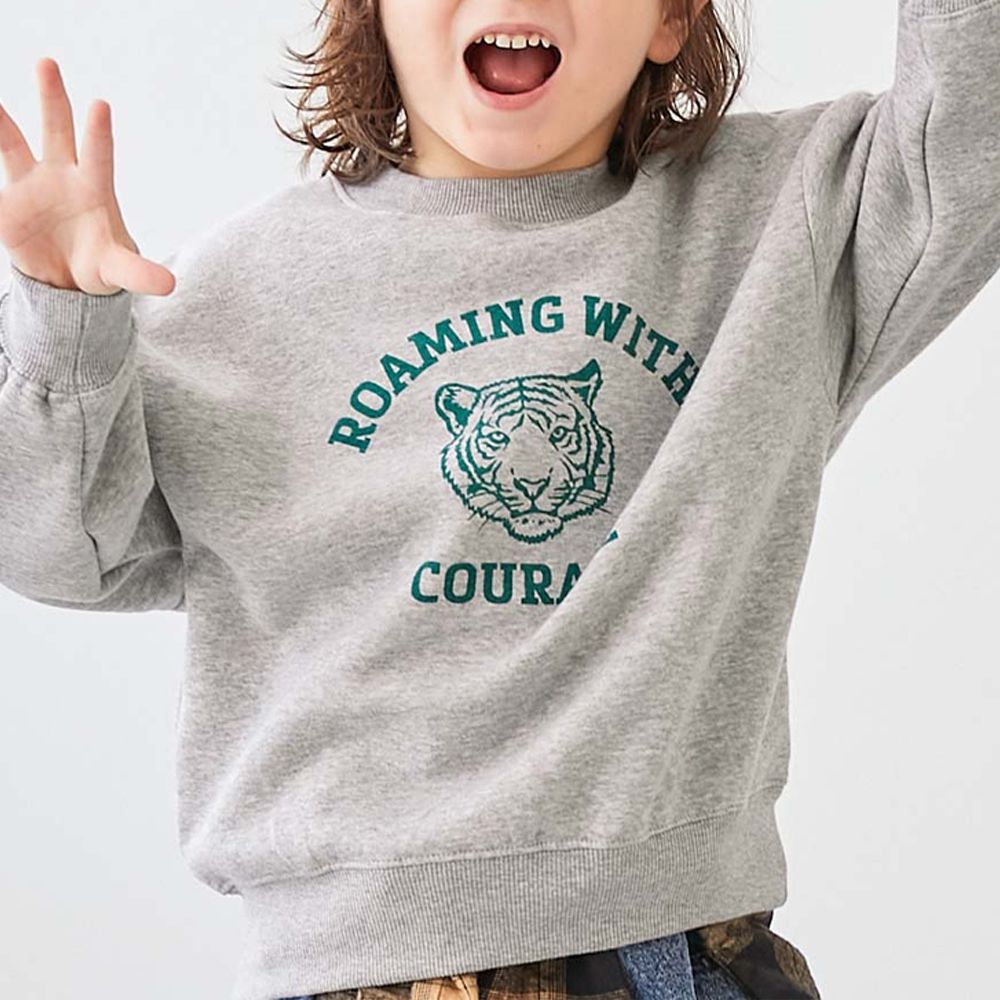 裏起毛動物印花大學T-老虎-淺灰