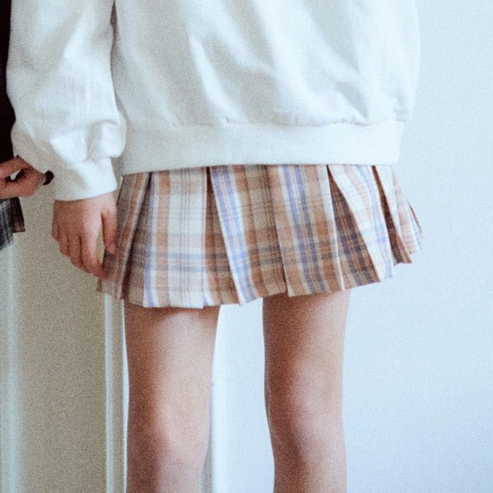 韓國 sm2 - 鬆緊腰腰帶格紋打褶褲裙-卡其