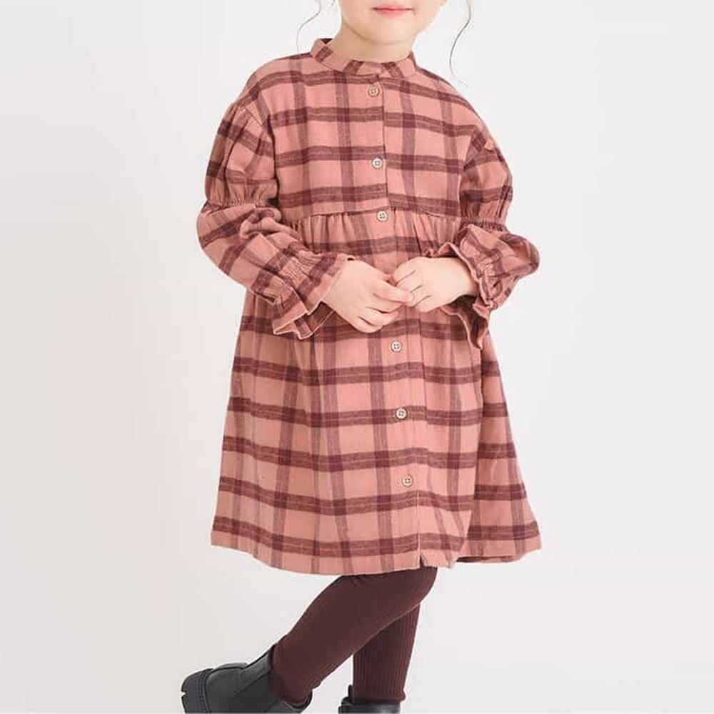 可愛花苞袖鈕扣長袖洋裝-格紋-粉X棕