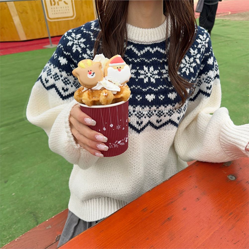 簡潔北歐印花溫柔針織上衣-海軍藍 (F)