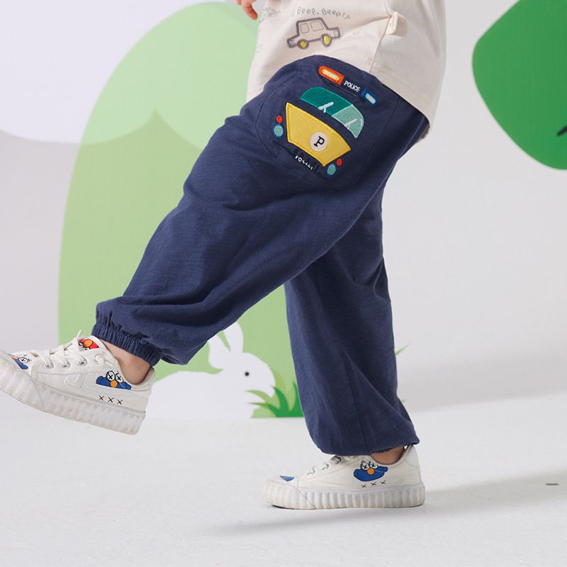 純棉束口長褲/防蚊褲-車車-杏色