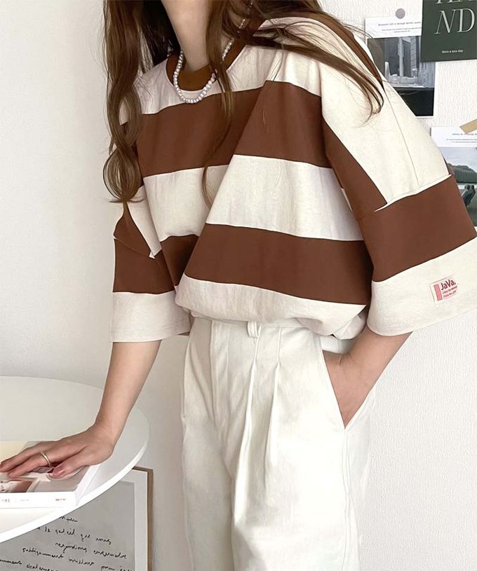 日本 Classical Elf - Java 純棉寬條紋落肩五分袖上衣-白x灰