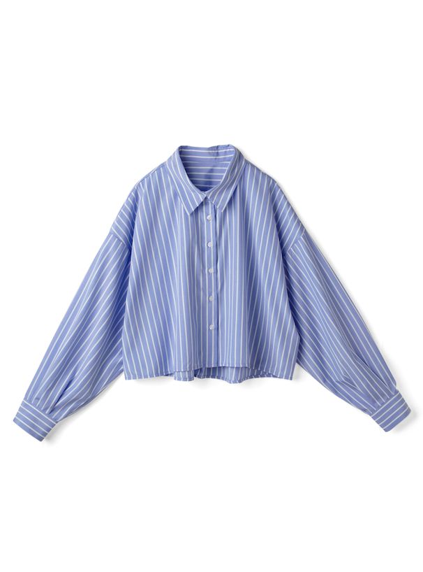 日本 GRL - 休閒短版直條紋落肩襯衫-淺灰棕 (F)