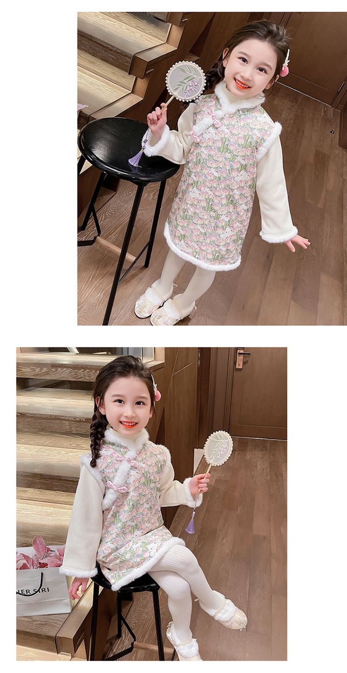 love, charlotte - 喜氣旗袍毛毛鑲邊長袖拜年洋裝-加厚加絨內裡-甜美鬱金香小白兔印花