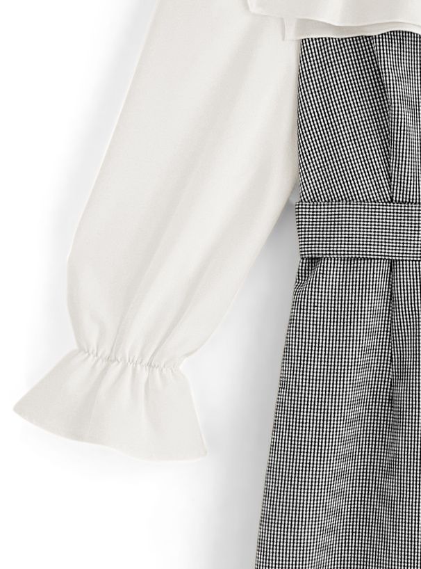 日本 GRL - 聯名款 雪紡荷葉領拼接格紋洋裝-黑