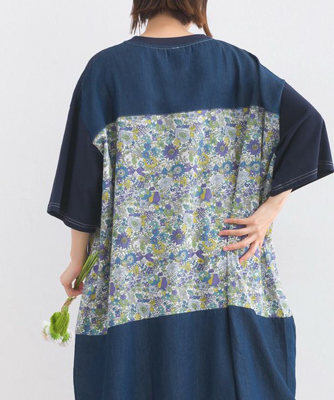 日本 Lupilien - 異素材花朵拼布清新五分袖洋裝-黑