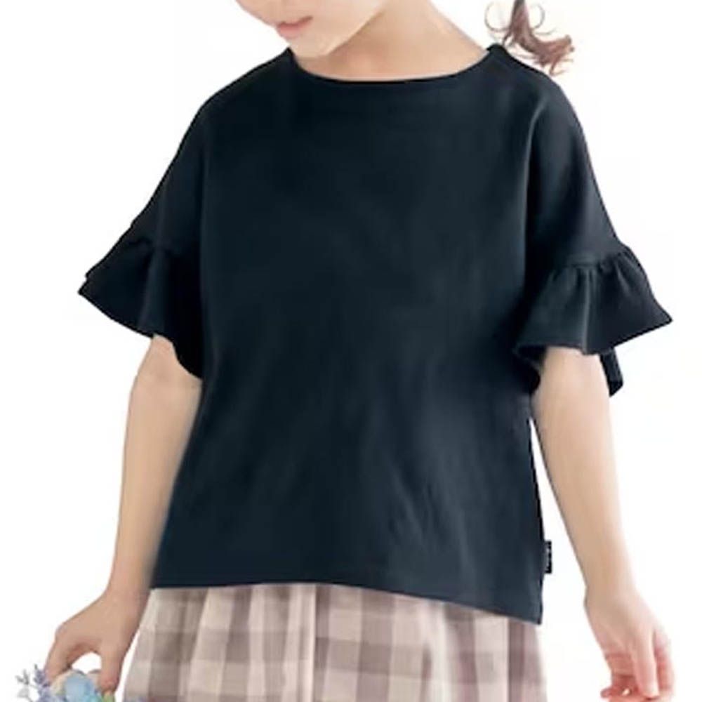飄逸荷葉邊圓領短袖上衣-黑