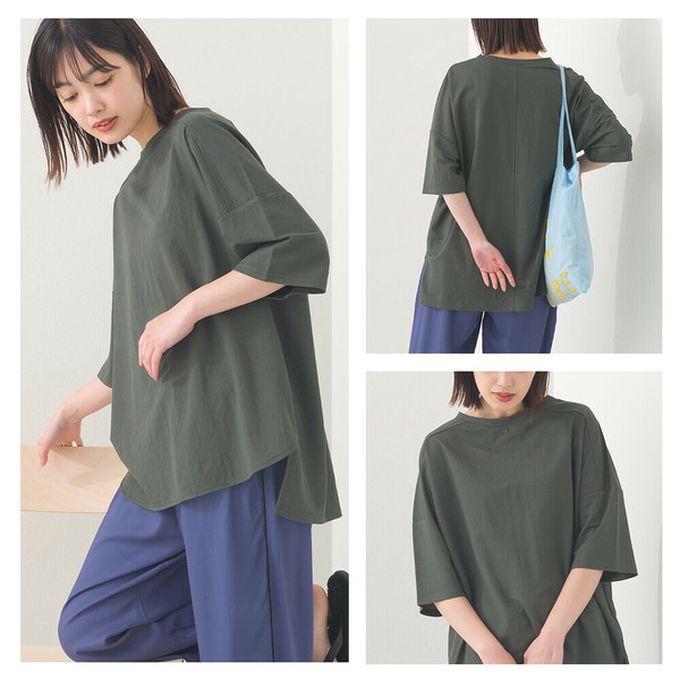 日本 OMNES - 接觸冷感 嫘縈寬版圓領五分袖上衣-海軍藍