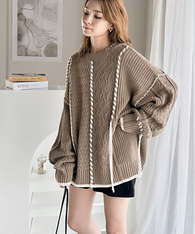 日本 Classical Elf - 2way跳色毛線編織寬鬆長版毛衣-黑