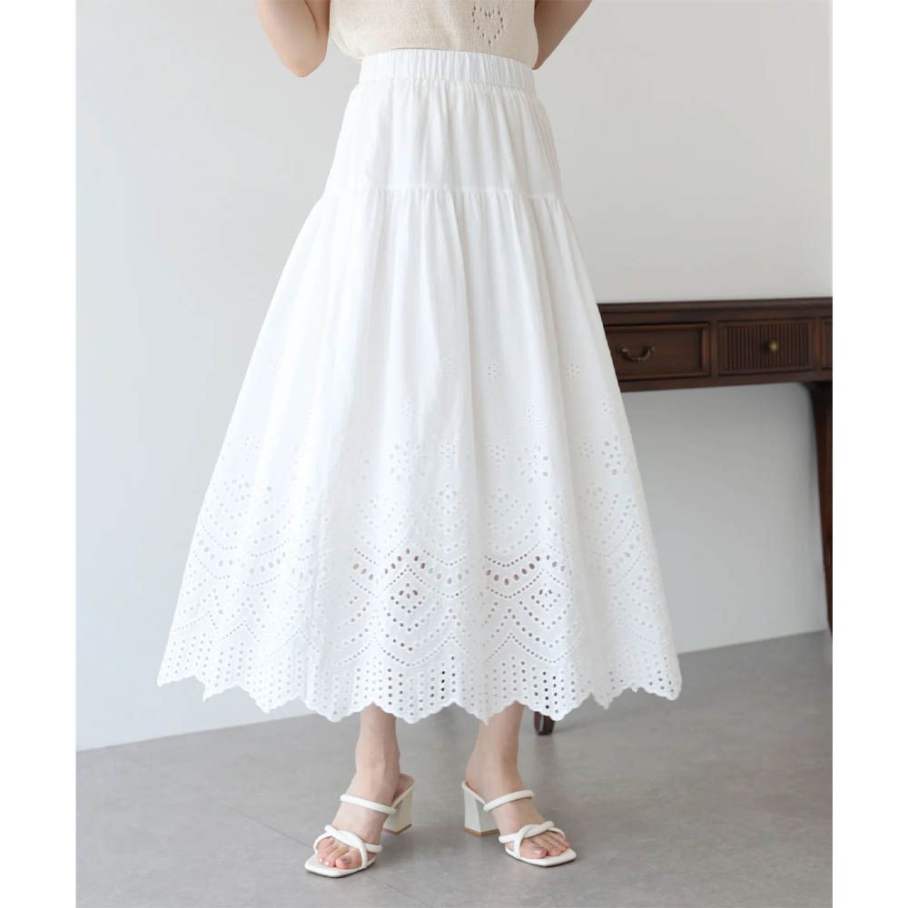 甜美雕花蕾絲下擺鬆緊長裙-白
